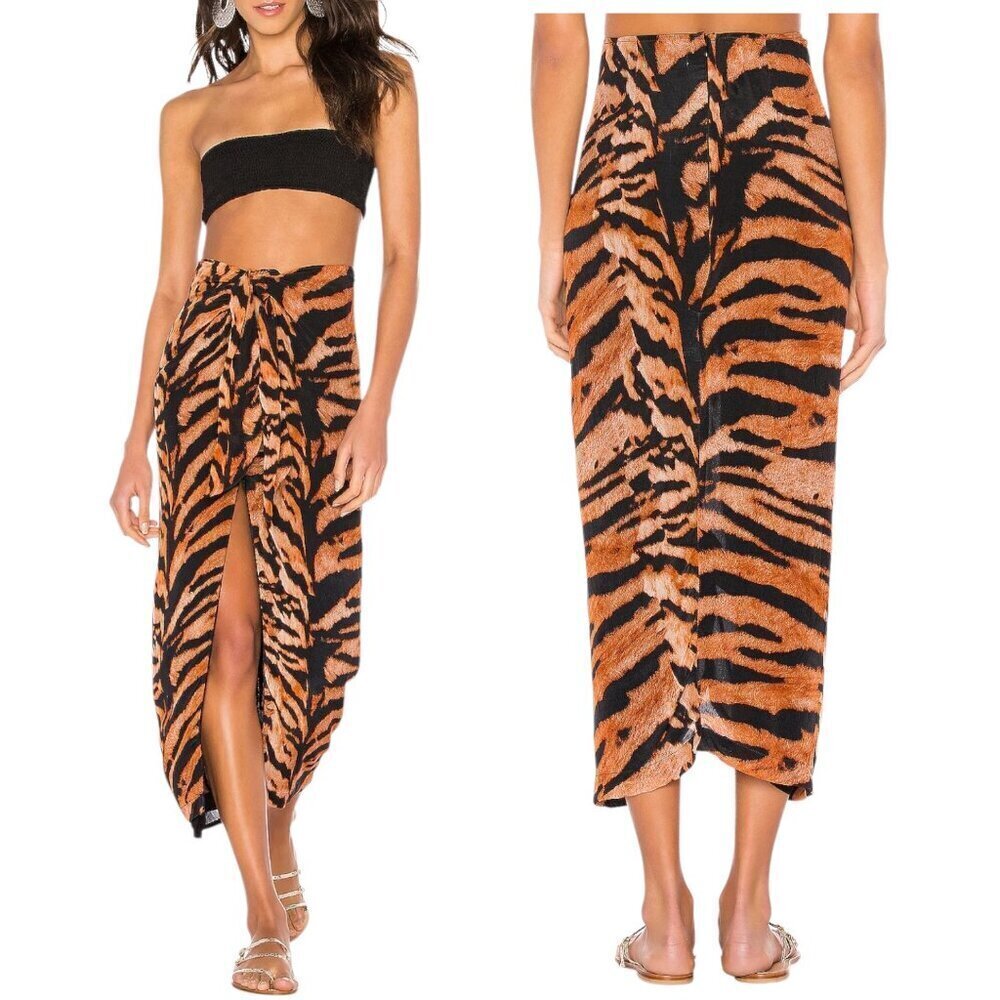 BEACH RIOT x REVOLVE, Women’s ‘Suki’ Skirt in Tiger Print, Slit, Tie, Black XS